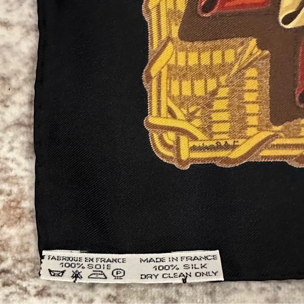 Hermes Black Voitures Paniers by J Abadie Silk Scarf France black gold red 35x35